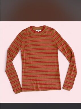 Madewell Camel and Red Striped Rib Knit Long Sleeve Top